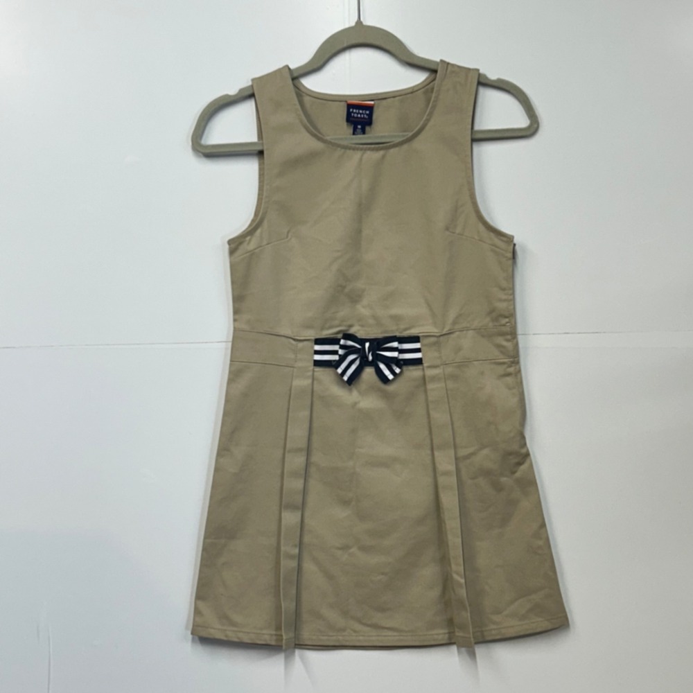 French Toast Girls Khaki School Uniform Jumper Dress Size 10 Bow Pleated Tan